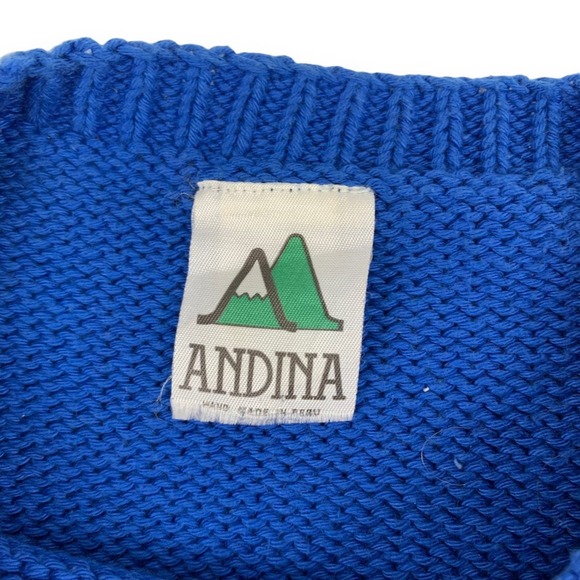 Vintage Andina Blue Yellow Western Town Teacher Sweater TINY FLAW - Picture 3 of 13